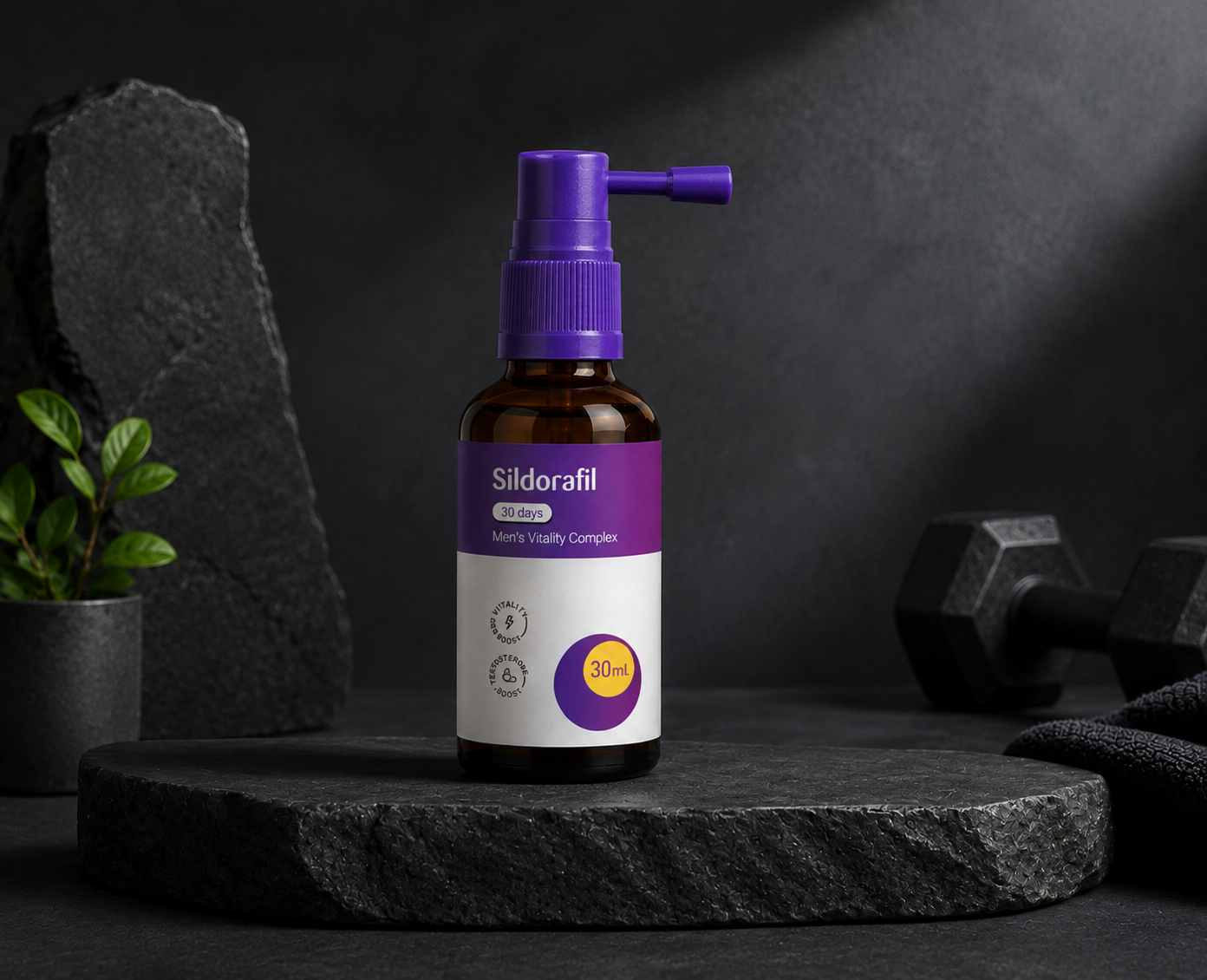 Sildorafil Spray 30 mL men's vitality complex bottle on a dark stone podium
