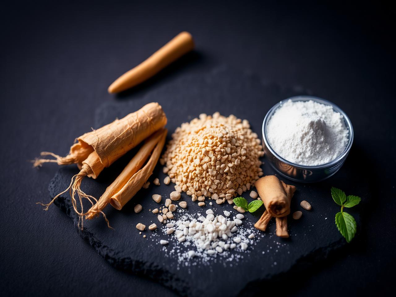 Ginseng root, maca, zinc granules and amino acid powder on dark slate